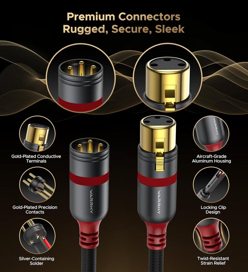 Warrky كابلات XLR بطول 6 أقدام - عبوة واحدة [نحاس خالي من الأكسجين (OFC)، موصل مطلي بالذهب] كابل ميكروفون متوازن ذكر إلى أنثى احترافي Hi-Fi XLR - Image 4